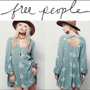 Free People Teal Floral Long Sleeve Dress Sz XS